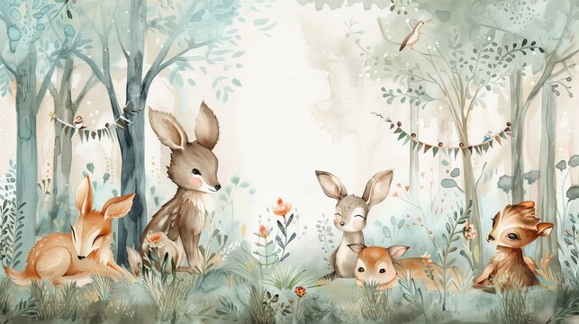 Watercolor canvas print featuring whimsical woodland creatures with customizable name banners floating amidst the trees