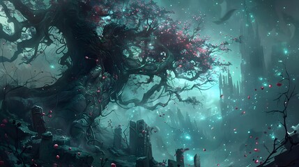 Obraz premium Ethereal Ruins of an Ancient Stone Rosebush Succumbing to Mystical Aetheric Decay and Bioluminescent Afterlife