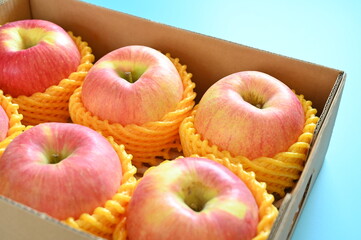 beautiful pink apple in the box on blue background