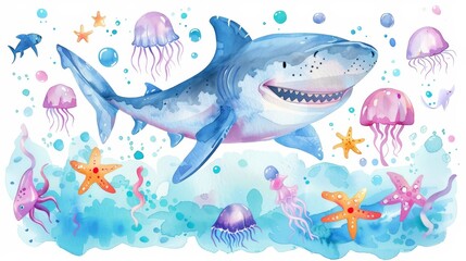 Watercolor illustration of a cartoonish shark with a big smile, swimming along with colorful jellyfish and starfish, ideal for younger children