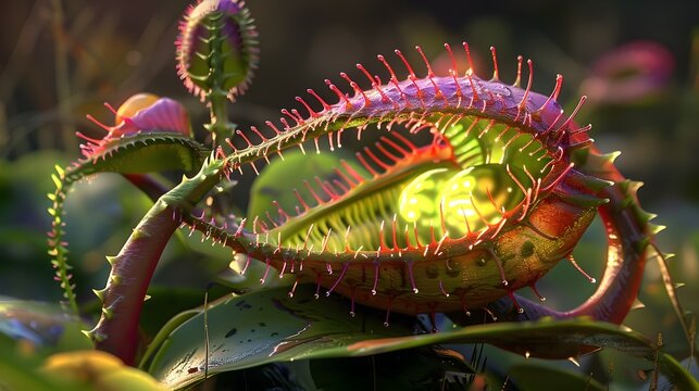 Otherworldly Alien Flytrap Inspired Flora with Luminescent Metallic Petals Unfolding to Reveal Hypnotic Eldritch Geometries