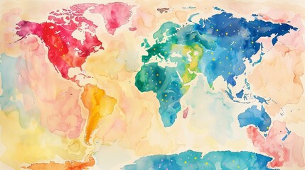 Watercolor map of the world with continents labeled in a playful font, colorful countries to spark curiosity about geography in young minds