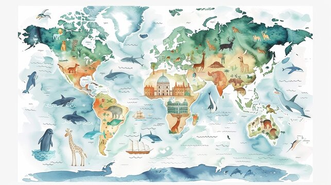 Watercolor map of the world with continents labeled in a playful font, colorful countries to spark curiosity about geography in young minds