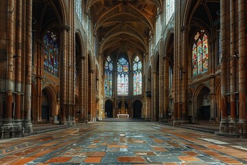 Obraz premium Romanesque Church: Stained-Glass Splendor & Majestic Vaulted Ceiling