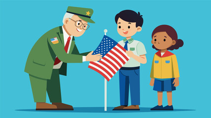 A Scout presenting a folded American flag to a veteran or community leader as a symbol of gratitude and respect during the ceremony.. Vector illustration
