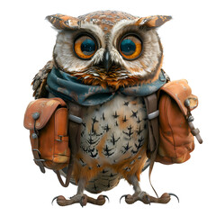 A 3D animated cartoon render of a curious owl showing the path to a lost hiker.