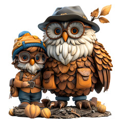 A 3D animated cartoon render of a wise owl guiding a lost camper back to camp.