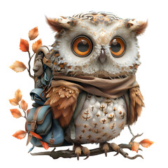 A 3D animated cartoon render of a friendly owl leading a camper through the forest.