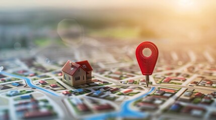 Red location pin on top of a model of a neighborhood with houses and streets