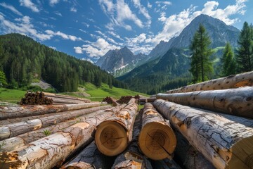 Pile of freshly cut trees and wooden trunks in a meadow with grass and vegetation