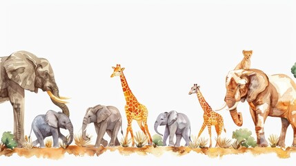 Watercolor safari growth chart, with a parade of elephants, giraffes, and lions, ideal for a child's room with an animal theme