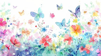 Watercolor wall art of a magical garden filled with colorful flowers and butterflies, with petals and leaves subtly forming a child's name