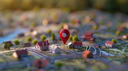 Red location pin on top of a model of a neighborhood with houses and streets