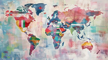 Naklejka premium Watercolor world map highlighted with national flags and alphabet letters, each flag corresponding to a country's initial letter, educational and colorful
