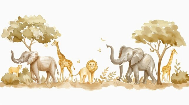 Watercolor safari growth chart, with a parade of elephants, giraffes, and lions, ideal for a child's room with an animal theme