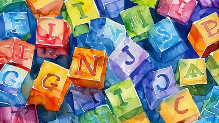 Watercolor of colorful alphabet blocks scattered playfully, each letter painted in a different vibrant color, ideal for a child's learning space