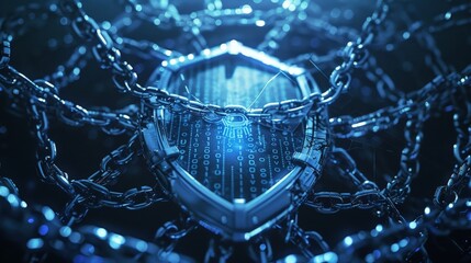 Blue shield surrounded with chains and lines of codes, cyber security concept