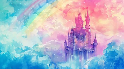 Watercolor painting of a fairy castle floating on clouds, a rainbow arching overhead, creating a backdrop full of possibilities and dreams
