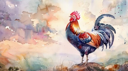 Fototapeta premium Watercolor painting of a rooster crowing at dawn, the sky painted in soft morning hues, symbolizing a new day on the farm