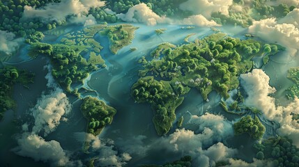 A world map made of green forest, seen from above, with lakes and clouds in the background, island shaped like a world map