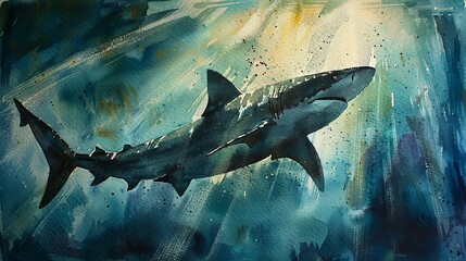 Watercolor painting of a shark silhouette against the sunlit water surface, the rays filtering down and creating a mesmerizing effect
