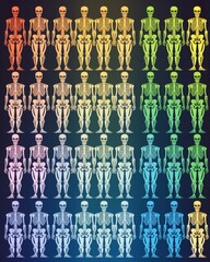 Colorful array of skeletons in a rainbow gradient, symbolizing diversity or scientific study
