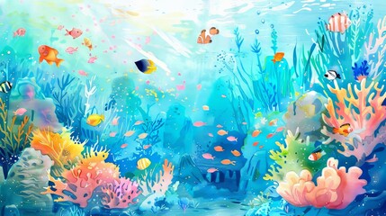 Watercolor painting of a vibrant coral reef teeming with colorful fish, bringing a magical and calming underwater scene to a child's room