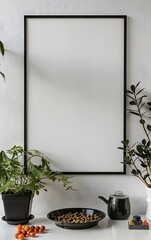A black frame mockup leaning against the wall on top of an end table with plants, dog toys and a pet food bowl, white background, minimalist style, close up shot