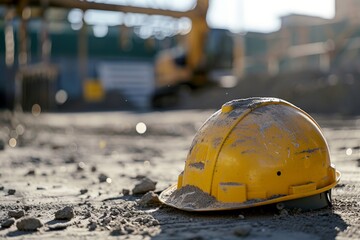 Yellow construction helmet on the ground with a blurred background of a construction area with machinery