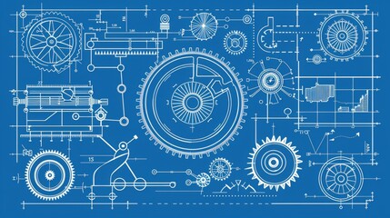 Blueprint of mechanical engineering with gears and white lines, mechanical engineering project