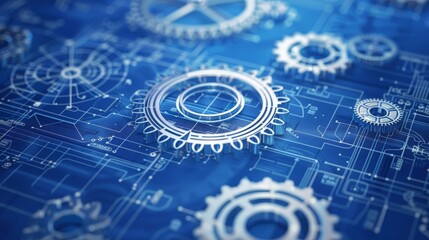 Obraz premium Blueprint of mechanical engineering with gears and white lines, mechanical engineering project