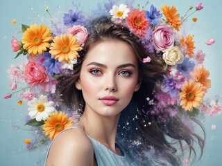 A beautiful woman with flowers with water splash. Printable for banner and poster
