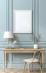 A blank picture frame sitting on top of an empty desk, light blue wall with white trim, soft lighting from a lamp above the chair, light wood color, modern French country style interior design
