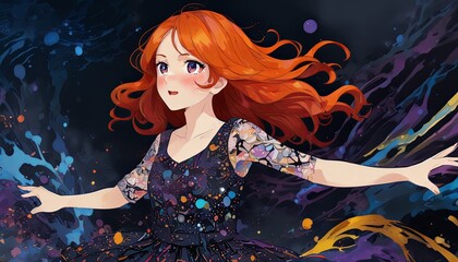 A woman with long red hair is standing in a colorful, swirling background