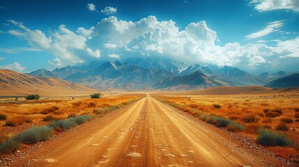 A wide shot of the sandy road leading to mountains in a vast desert landscape