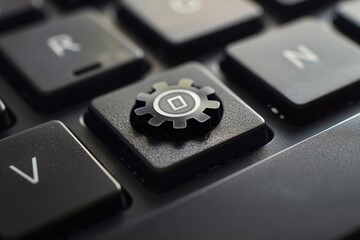 Computer keyboard button close up view with gear icon on top of the button