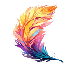 Naklejka premium The image is a watercolor painting of a feather. The feather is blue and purple with a yellow and orange gradient at the top. It has a detailed and realistic appearance.