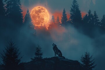 Wolf howling during full moon night in a forest