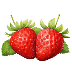 Two fresh, red strawberries with green leaves.