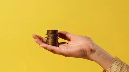 Hand holding stack of coins on yellow background, finance and investment concept