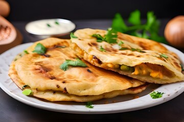 Indian flatbread stuffed with potatoes, aloo paratha, served with butter or curd. Concept Recipe, Indian cuisine, Vegetarian, Stuffed bread, Homemade