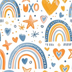 Colorful Doodle Hearts And Rainbows Seamless Pattern For Kids Decor And Stationery