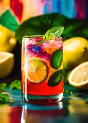 Fototapeta premium a photo of a colorful lemon mocktail can with mint.jpg