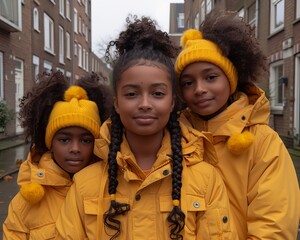 Portrait of Three Sisters in Matching Yellow Winter Coats and Hats