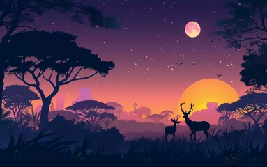 Wildlife landscape vector illustration. Wildlife landscape at night with deer and African trees. Very beautiful landscape panorama