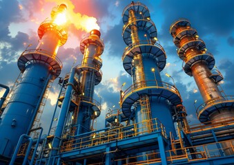 Illuminated Oil Refinery at Dusk with Flames and Blue Sky, Ideal for Energy Sector and Industrial Photography
