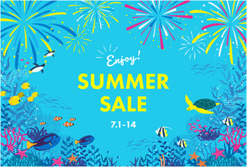 夏のセールのためのバナー。海中の魚やペンギンと花火のフラットなデザイン。ベクターイラスト。 © Honyojima