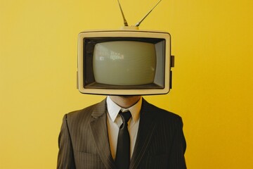Man with television head on yellow background