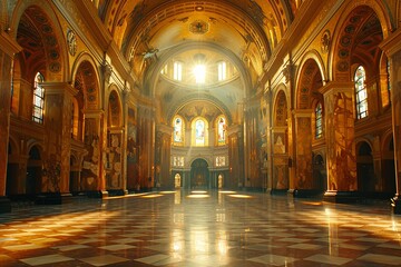 Basilica Church Design: Central Nave, Side Aisles, Vaulted Ceiling - obrazy, fototapety, plakaty