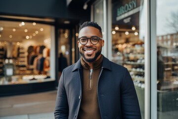 Obraz premium A Smiling Confident Young Adult Wearing Trendy Glasses Poses in Front of a Chic Urban Eyewear Boutique on a Sunny Afternoon